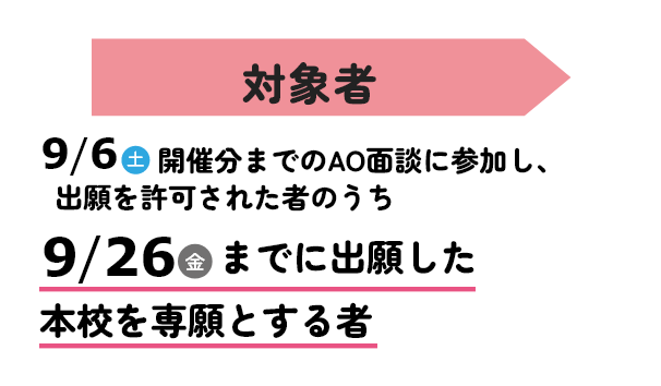 対象者 9/6 土 開催分までのAO入試選考に参加し、出願を許可された者のうち 9/26 金 までに出願した本校を専願とする者